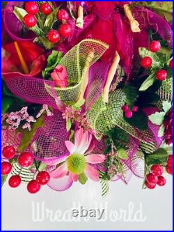Pink Floral Wreath Garden Flowers Fairy Pixie New Handmade Large Pink Floral Wreath Garden Flowers Fairy Pixie New Handmade Large