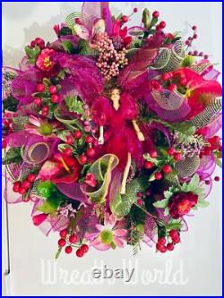 Pink Floral Wreath Garden Flowers Fairy Pixie New Handmade Large Pink Floral Wreath Garden Flowers Fairy Pixie New Handmade Large