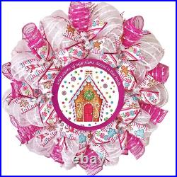 Pink Gingerbread Sugar Plum House Christmas Wreath Handmade Deco Mesh