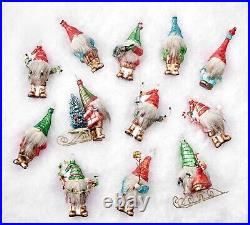 Pottery Barn 12 Gnomes of Christmas Mercury Glass Ornament Set NIB