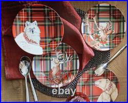Pottery Barn Enchanted Forest Stewart Plaid Appetizer Plates Mixed S/4 New