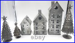 Pottery Barn Galvanized Metal Village Candle or Light Houses &Trees Set of (6) Pottery Barn Galvanized Metal Village Candle or Light Houses &Trees Set of (6)