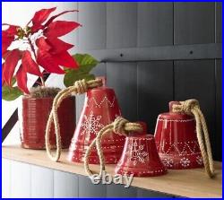 Pottery Barn Nordic Snowflake NIB Red Holiday Bells Set Of 3 Christmas Decor