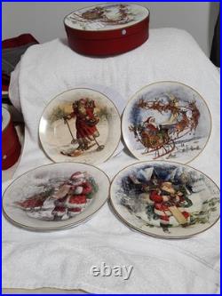 Pottery Barn Nostalgic Santa Christmas Village Dinner Plates Set Of 4 In Box