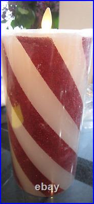 Pottery Barn Premium Flickering Flameless Wax Pillar Candle Candy Striped 4 X 8