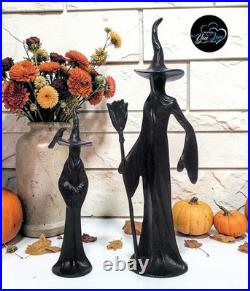 Pottery Barn S/2 Sculpted Bronze Witch Figurines NEW 16 & 10.5 Halloween