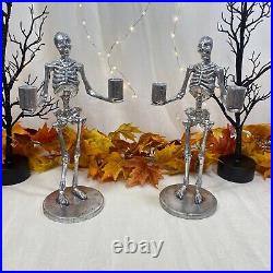 Pottery Barn Skeleton Taper Holder Set of 2 Halloween Candle Holder 13 New