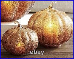 Pottery Barn Textured Glass Amber Pumpkin Cloches Set of Two Decor Discontinued