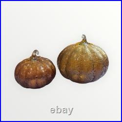 Pottery Barn Textured Glass Amber Pumpkin Cloches Set of Two Decor Discontinued