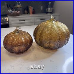 Pottery Barn Textured Glass Amber Pumpkin Cloches Set of Two Decor Discontinued