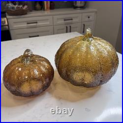 Pottery Barn Textured Glass Amber Pumpkin Cloches Set of Two Decor Discontinued