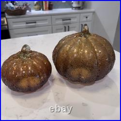 Pottery Barn Textured Glass Amber Pumpkin Cloches Set of Two Decor Discontinued