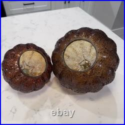 Pottery Barn Textured Glass Amber Pumpkin Cloches Set of Two Decor Discontinued