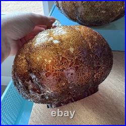 Pottery Barn Textured Glass Amber Pumpkin Cloches Set of Two Decor Discontinued