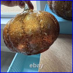Pottery Barn Textured Glass Amber Pumpkin Cloches Set of Two Decor Discontinued