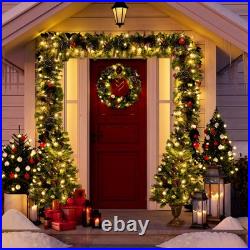 Pre-Lit Christmas 4-Piece Set with LED Garland, Wreath & 2 Entrance Trees