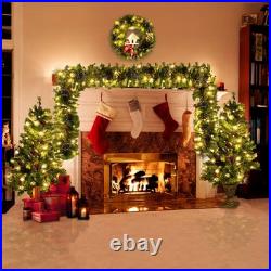 Pre-Lit Christmas 4-Piece Set with LED Garland, Wreath & 2 Entrance Trees