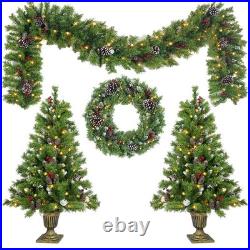 Pre-Lit Christmas 4-Piece Set with LED Garland, Wreath & 2 Entrance Trees