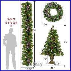 Pre-Lit Christmas 4-Piece Set with LED Garland, Wreath & 2 Entrance Trees