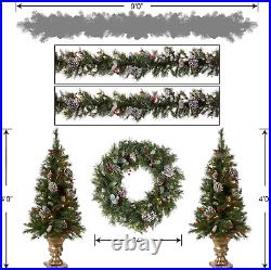 Pre-Lit Holiday Christmas 5-Piece Set Wreath, Set of 2 Entrance Trees and Garl