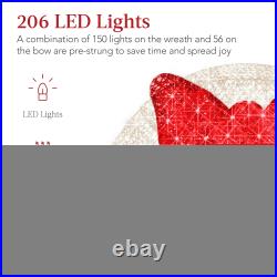 Pre-Lit Outdoor Christmas Wreath, LED Metal Holiday Decor with Bow 60in