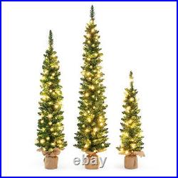Pre-lit Christmas Trees Set of 3 Artificial Pencil Xmas Tree, 3' + 4' + 5' Sl