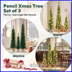Pre-lit Christmas Trees Set of 3 Artificial Pencil Xmas Tree, 3' + 4' + 5' Sl