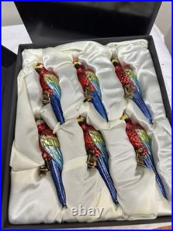 RARE Frontgate Holiday Collection SET 6 MACAW PARROT Glass Christmas Ornaments