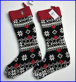 Ralph Lauren Polo Fair Isle Skiing Bear Set Of 2 Christmas Stockings NWT