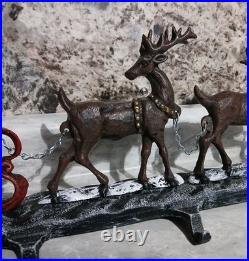 Rare 26 Painted Cast Iron Santa & Reindeer Five Hook Christmas Stocking Holder