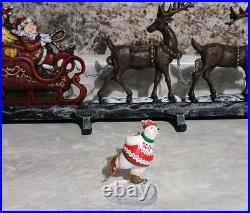 Rare 26 Painted Cast Iron Santa & Reindeer Five Hook Christmas Stocking Holder