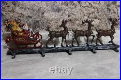 Rare 26 Painted Cast Iron Santa & Reindeer Five Hook Christmas Stocking Holder