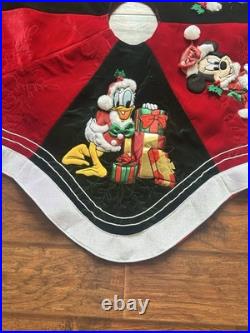 Rare Disney Embroidered Large Round Christmas Tree Skirt Mickey Minnie Donald