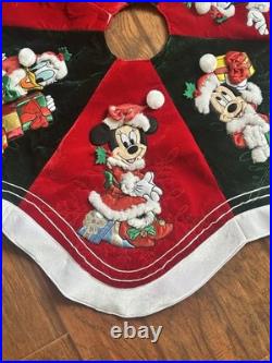 Rare Disney Embroidered Large Round Christmas Tree Skirt Mickey Minnie Donald