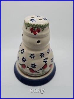 Rare Polish Pottery Snowman Luminary Tea Light UNIKAT Winter Robin & Snowflakes