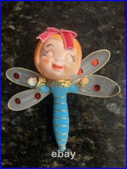Rare Vintage Mid-Century Anthropomorphic Pixie Dragonfly Christmas Ornament
