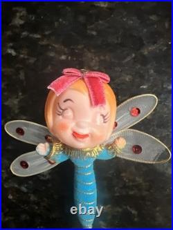 Rare Vintage Mid-Century Anthropomorphic Pixie Dragonfly Christmas Ornament