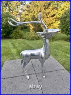Reindeer Statue Silver Tone Figure Christmas Decor Tall 19 cast aluminum