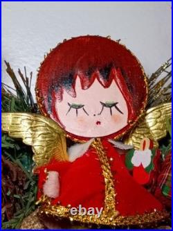 Retro Vintage Kitschy Painted Angel Christmas Wreath Holiday Handmade OOAK Japan