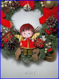 Retro Vintage Kitschy Painted Angel Christmas Wreath Holiday Handmade OOAK Japan