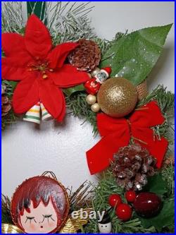 Retro Vintage Kitschy Painted Angel Christmas Wreath Holiday Handmade OOAK Japan