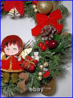 Retro Vintage Kitschy Painted Angel Christmas Wreath Holiday Handmade OOAK Japan