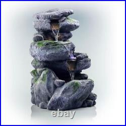 Rock Waterfall Fountain 22 in. Tall Gray Polystone Outdoor 3-Tier LED Lights