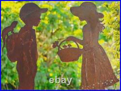 Rustic Metal Garden Silhouette Boy and Girl Yard Art Weathered Corten Steel Deco