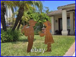 Rustic Metal Garden Silhouette Boy and Girl Yard Art Weathered Corten Steel Deco