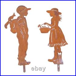 Rustic Metal Garden Silhouette Boy and Girl Yard Art Weathered Corten Steel Deco