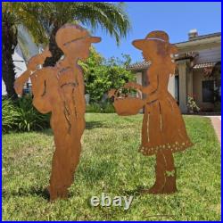 Rustic Metal Garden Silhouette Boy and Girl Yard Art Weathered Corten Steel Deco