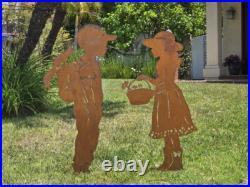 Rustic Metal Garden Silhouette Boy and Girl Yard Art Weathered Corten Steel Deco