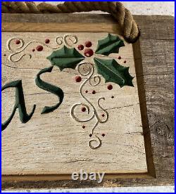 Rustic Oak Barn Wood Carved Holiday Merry Christmas Sign Plaque