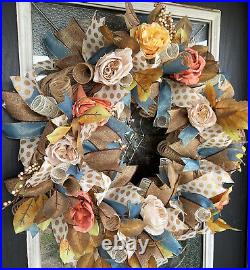 STUNNING Fall Floral Rose Deco Mesh Wreath, Thanksgiving Home Decor Decorations